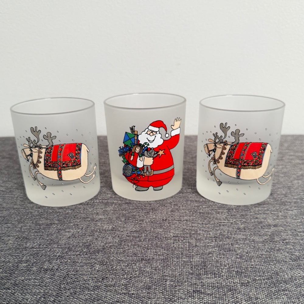 Dartington Designs Christmas Frosted Glass Lowball Glasses Reindeer Santa Set 3